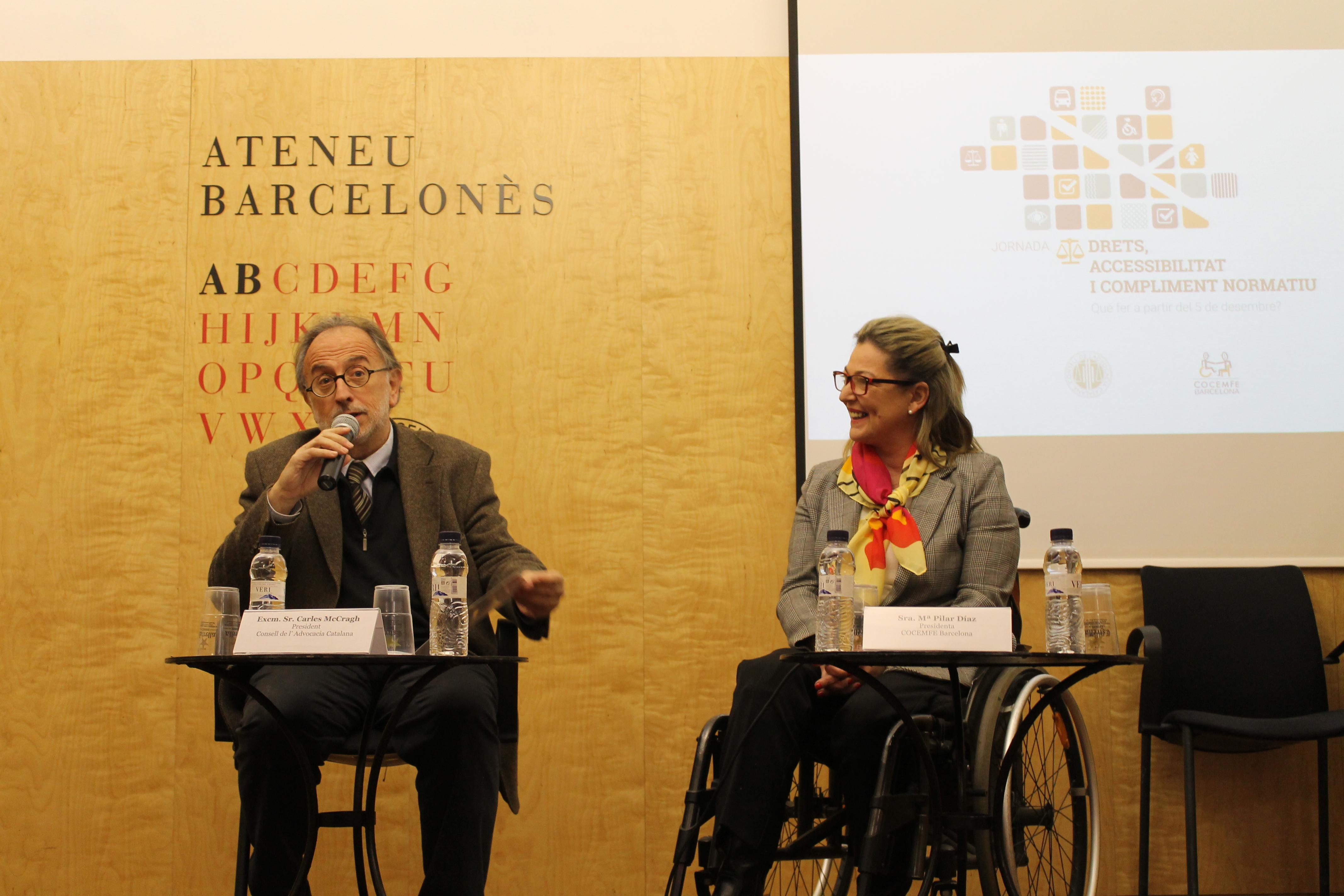  La Jornada que se celebra hoy en el Ateneu Barcelonès, ha sido inaugurada por el presidente del Consell de la Advocacia Catalana y decano del Colegio de Abogados de Girona, Carles McCragh y la presidenta de COCEMFE Barcelona, Mª Pilar Díaz. 